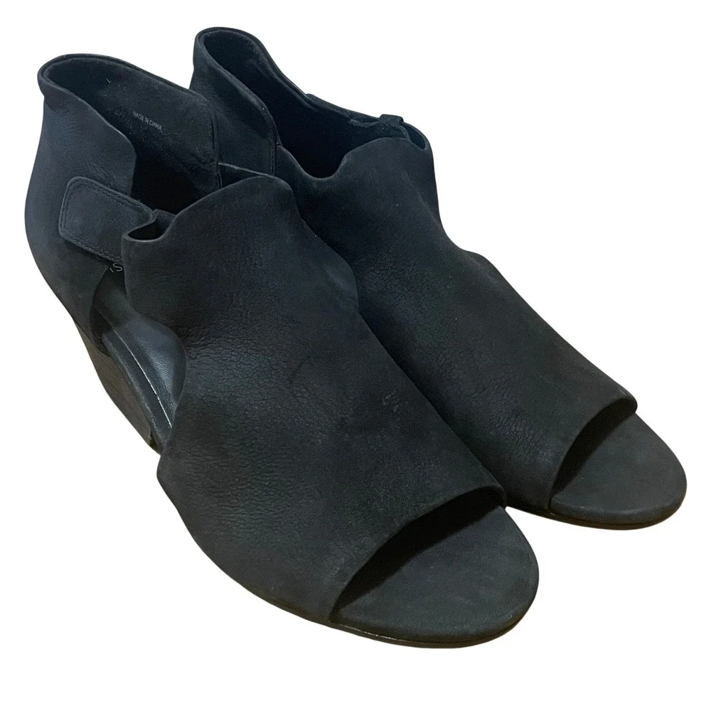 Eileen‎ Fisher Black Leather Open Toe Wedge Sandals Cutout Booties Women's 10
